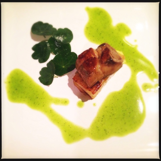 Pan-grilled foie gras, caramelized d'Anjou pear, nasturtium leaf salad, watercress emulsion